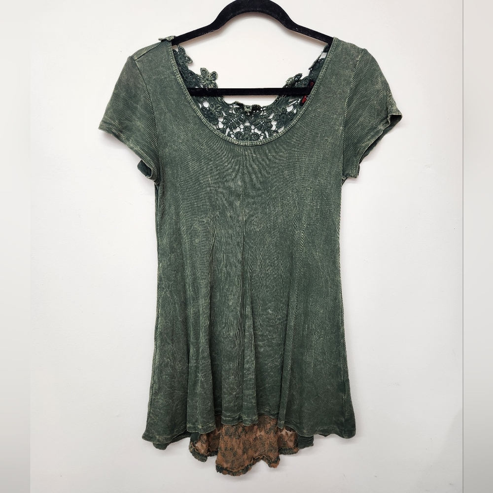 Y2K Lace Bohemian Lace Back High Low Top Womens Small Moss Green Vintage TParty